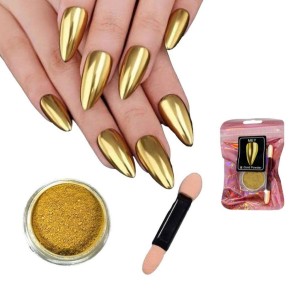 Pó Cromado Gold Power para Unha + Pincel Mey